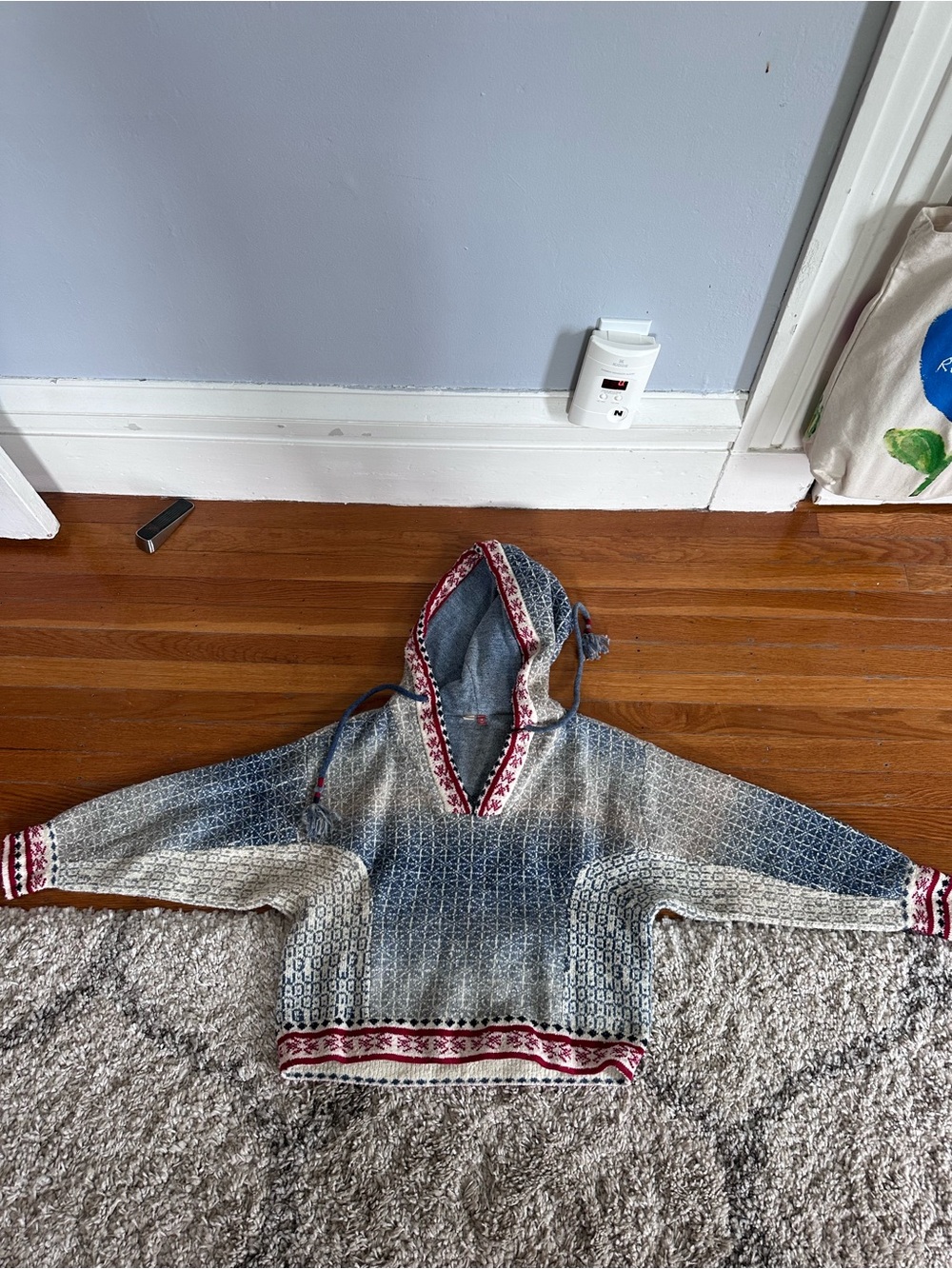 Pilcro Wool Gray Hooded Sweater with Red and Navy Patterned Trim